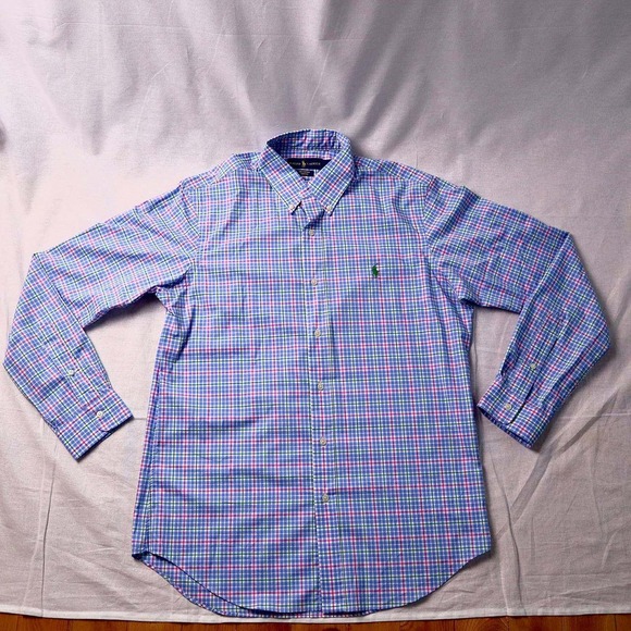 Ralph‎ Lauren Men Plaid Blue Pink Button Down Shirt Pony Long Sleeve Medium M - Picture 2 of 8